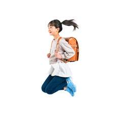 Aufkleber - ランドセルを背負ってジャンプする女子小学生　手作業で精密に切り抜いた背景透過写真PNG