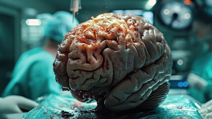 Poster - A detailed close-up of a human brain resting on a table. This image can be used to illustrate neuroscience, medical research, or educational materials