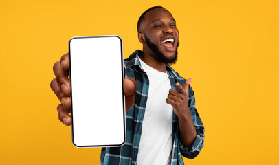 Poster - Black guy showing white empty smartphone screen, closeup