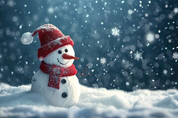 Poster - A snowman wearing a red hat and scarf. Perfect for winter-themed designs and holiday decorations