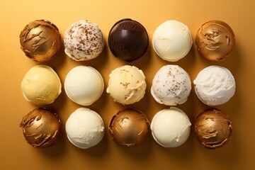 Wall Mural -  a group of ice creams sitting on top of a yellow table next to a chocolate covered cookie on top of it.