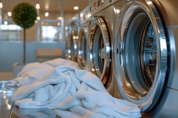 Poster - A collection of white towels neatly arranged on top of a washing machine. Perfect for showcasing cleanliness and organization.