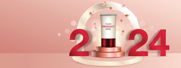 Wall Mural - Winner stage podium mock up for cosmetic product display for year 2024 in pink banner background with copy space, vector design