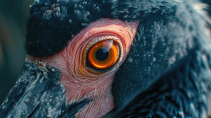 Poster - A close-up view of a bird showcasing its vibrant orange eye. This image can be used to depict the beauty and intricacy of nature
