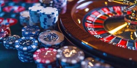 Poster - A casino roulette table surrounded by a multitude of colorful chips. Perfect for illustrating gambling, risk, and chance.
