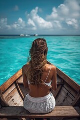 Poster - A woman sitting in a boat, gazing out at the vast ocean. This picture can be used to depict relaxation, solitude, and the beauty of nature