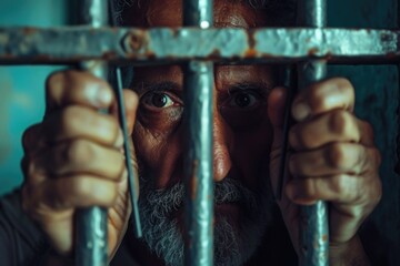 Poster - A close up of a person behind bars, suitable for illustrating confinement or imprisonment