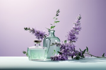  a couple of bottles sitting on top of a table next to a bunch of purple flowers on top of a table.