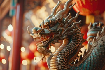 Poster - A close-up of a dragon statue with lights in the background. Perfect for adding a touch of mystique and fantasy to any project