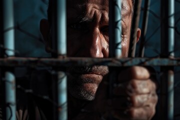 Poster - A man trapped behind bars in a jail cell. Suitable for crime-related themes or concepts of confinement and isolation
