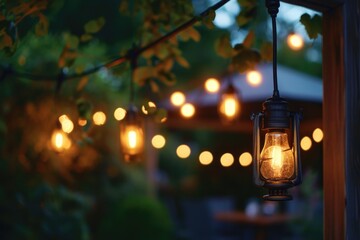 Canvas Print - A lantern is suspended from a string of lights. This image can be used to add a warm and cozy ambiance to any setting