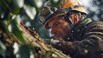 Poster - A man wearing a hard hat is cutting a tree. This image can be used to illustrate concepts such as forestry, landscaping, construction, or tree removal
