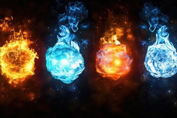 Poster - A group of fire and ice balls on a black background. Perfect for adding a touch of contrast and mystery to any design project