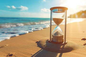 Poster - An hourglass sitting on a sandy beach near the ocean. Perfect for time-related concepts and beach-themed designs