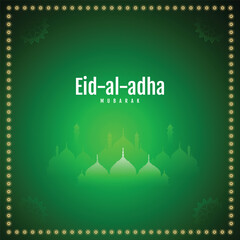 Canvas Print - Eid al adha wishes, or greeting post eid al adha Islamic green color background design with moon, or mosque, goat with social media eid al adha wishing sale, banner, vector illustration