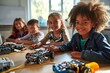 © Lumina Frame - Diverse school children students build robotic cars using computers and coding. Happy kids learning programming robot vehicles sitting at table at STEM education science engineering, Generative AI