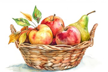 A painting of a basket filled with fresh apples and pears. This image can be used to depict a healthy harvest or as a still life representation.