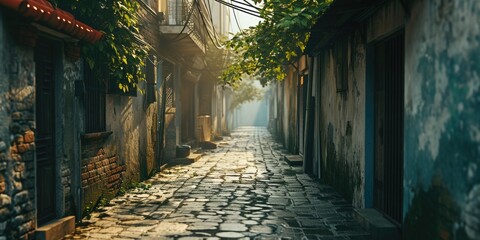 Poster - A picturesque cobblestone street in an old town. Perfect for capturing the charm and history of the area. Ideal for travel brochures or historical articles