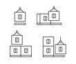Modular house construction, line icon set. Building home from prefabricated panels. Modern prefab fast technology in building and architecture. Property, real estate. Editable stroke. Vector outline
