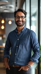 Happy Indian businessman professional leader wearing shirt and glasses standing in office. Smiling male employee, business man manager, confident eastern entrepreneur at work, Generative AI