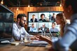 Global corporation online videoconference in meeting room with diverse people sitting in modern office and multicultural multiethnic colleagues on big screen monitor. Business concept, Generative AI