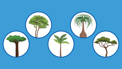 Sticker - Set of tree icons on blue background. Vector illustration. 