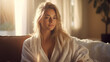 © DigitalDreamscape - Woman sitting and relaxing on the couch in a white bathrobe. Model little dressed with long blonde hair | Generative AI