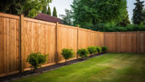 Fototapeta  - Nice wooden fence around house. Wooden fence with green lawn.