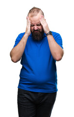 Poster - Young caucasian hipster man wearing blue shirt over isolated background with hand on head for pain in head because stress. Suffering migraine.
