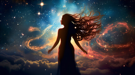 Wall Mural - Woman's silhouette within the cosmic expanse, surrounded by the outer space of galaxies and the effulgent energy stream. concept of feminine vitality, spiritual pursuits, and inner reflection