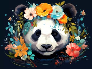 Wall Mural - illustration of a colorful panda with a flower crown on its head. generative ai