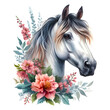 Horse head. Portrait. White Horse. Flowers. Watercolor. Isolated illustration on a white background. Banner. Close-up. Generative AI