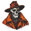 T-shirt design of skull criminal in gangster clothes, vintage hat and cloak in retro and vintage style on white background