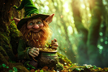 St.Patrick 's Day. Fairy Leprechaun Sits Under A Tree In The Forest With A Pot Of Gold