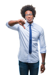 Poster - Afro american business man wearing glasses over isolated background looking unhappy and angry showing rejection and negative with thumbs down gesture. Bad expression.