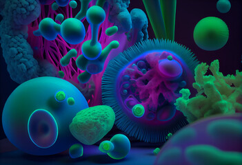 Many different bacteria in a blue environment, in the style of magenta and green, medicalcore, photorealistic. 