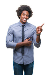 Poster - Afro american business man over isolated background with a big smile on face, pointing with hand and finger to the side looking at the camera.