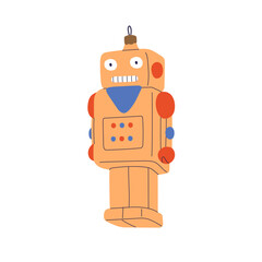 Aufkleber - Vintage robot, Christmas bauble. Funny android, tree ornament in retro futuristic style. Xmas bot figurine, holiday decoration, 50s toy. Flat vector illustration isolated on white background