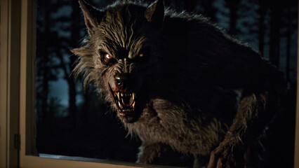 Wall Mural - werewolf on a window in the night , horror theme