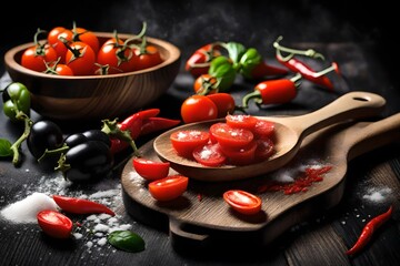 Seasoning vegetarian still life with fresh grape tomatoes, red pepper and cooking salt in wooden spoon on black piece of board over vintage wooden background, close-up, selective focus. 