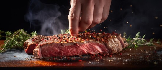 Closeup chef hands cooking meat steak beef and adding seasoning in freeze smoke motion. Generate AI