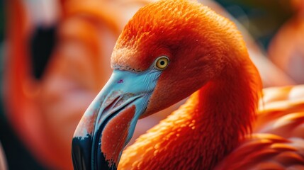 Poster - A close up of a flamingo's head with other flamingos in the background. Perfect for nature and wildlife themes