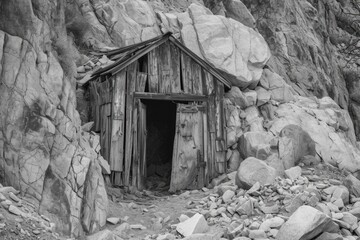 Aufkleber - A black and white photo of an old shack. Suitable for rustic and vintage themes