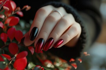 Poster - A close-up image of a woman's hand holding a beautifully done red and black manicure. This picture can be used for beauty and fashion-related projects
