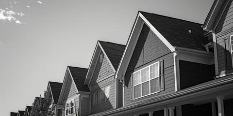Aufkleber - A black and white photo capturing a row of houses. Perfect for architectural designs and real estate concepts