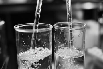 Poster - Two glasses filled with water and equipped with drinking straws. Ideal for refreshing beverages and summer-themed designs