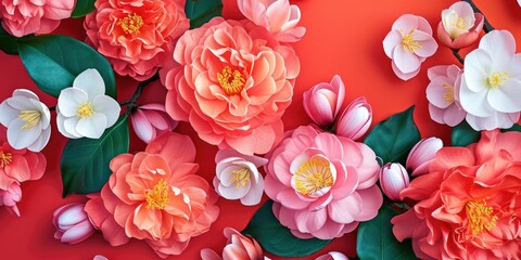 Poster - A collection of paper flowers arranged on a vibrant red surface. Perfect for adding a pop of color to any project or decor
