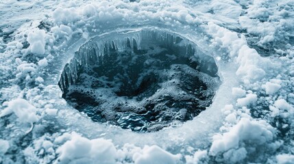 Poster - A hole in the snow covered with ice. Suitable for winter landscapes and nature themes