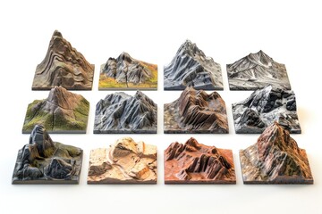 Poster - A collection of miniature mountains on a white surface. Suitable for various creative projects