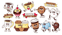 Groovy Coffee Break Cartoon Characters, Typography Patches Set. Funny Coffee Bean And Takeaway Mug, Tea Pot And Milk Jug, Cookie And Cake Retro Cartoon Mascots, Stickers Of 70s 80s Vector Illustration